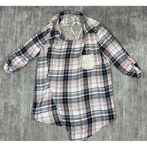 One World Live And Let Live Shirt Womens Medium Plaid Lace Back Open Drape Front